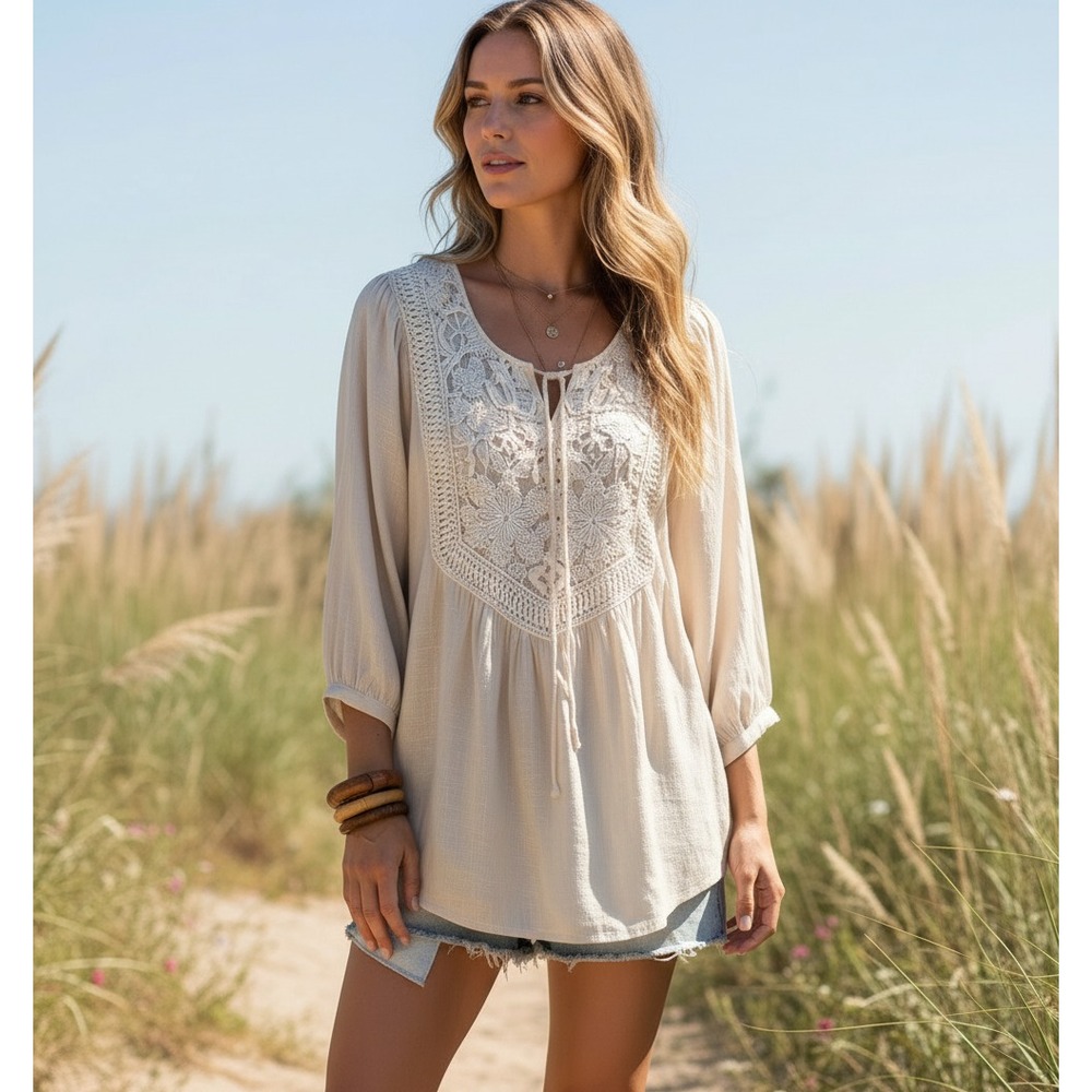 Jennie & Marlis M Cream Top Crochet Tie Neck Boho Cottage Coastal Coquette Fairy